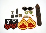 WWII Items - Field Made Knife Scabbard, Patches, Eyewear, Buckles, and More