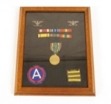 WWII US 3rd Army Shoulder Patches, Sterling Colonel Eagle Pins, Ribbon Bars, and Medal in Shadowbox