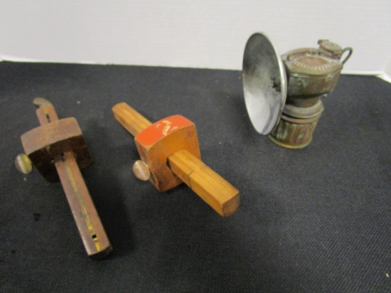 Two Vintage Wood Depth Gauges and Miners Lamp