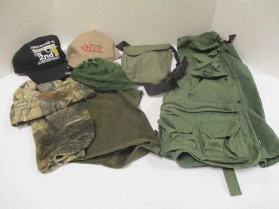 Eagle Claw L/XL Fishing Vest, Mesh Bag, Camo Hat and Neck Warmer, Two Hats