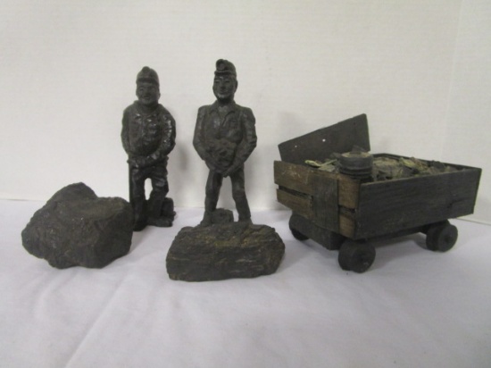 Two Carved Coal Miner Statues, Two Large Coal Chunks and Decorative