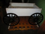 Wood Cart with Flip-Up Shelves on Ends with Wagon Wheels