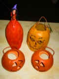 Three Metal Pumpkin Candle Votive and Terra Cotta Witch