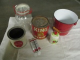 Lock Lid Glass Canister, Red Enamel Pail, Vintage King Syrup Can, Middleton's