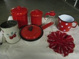 Two Red Ceramic Canisters, Red/White Polka Dot Milk Pitcher, Syrup Dispenser,