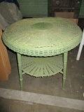 Vintage Round Wicker Table Painted Green with Smaller Glass Protector