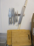 Magnetic Knife Rack with Knives and Six Bamboo Cutting Boards