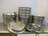 6 Vollrath Stainless Steel Round Inserts with 3 Flip Lids and 5 Solid Lids