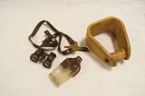 4 Piece Civil War Grouping - Binoculars, Flask, Harness Strap, Wood Stirup