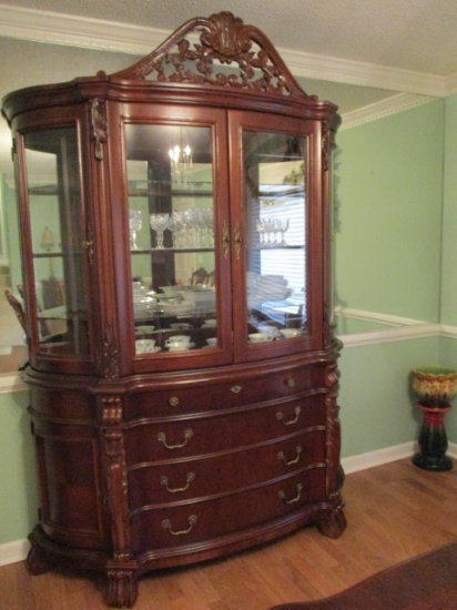 Beautiful Ornately Carved Two Piece Bow Front Lighted China Cabinet