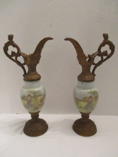 Pair of Antique Hand Painted Victorian Mantle Ewer