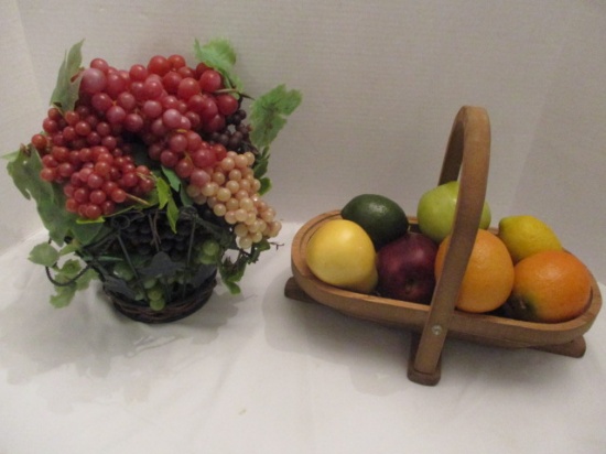 Wire Basket with Artificial Grapes and Wood Folding Basket with Artificial Fruit