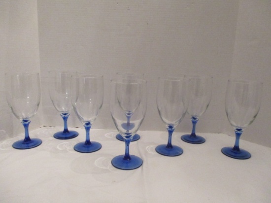 Eight Blue Stemmed Wine Glasses