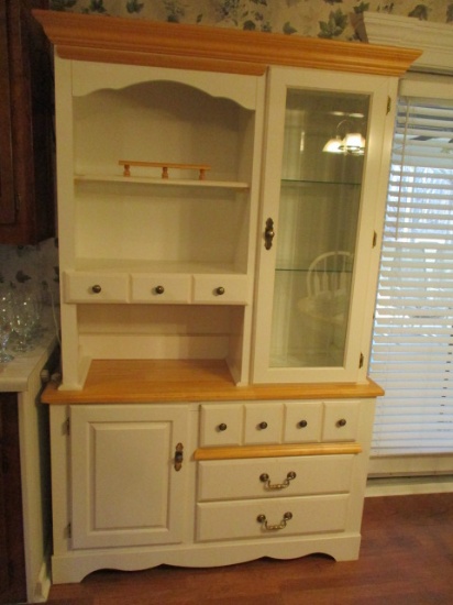 White and Natural Maple 2 Piece Lighted Hutch
