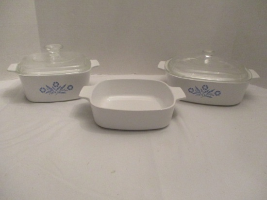 Three Corning Ware Blue Cornflower Casserole Dishes with Two Lids