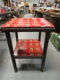 Tramp Art Table w/Prince Albert Covered Top & Shelf