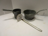 Gray Enamelware Strainer, Graniteware Pot, & White enameled Strainer w/handle