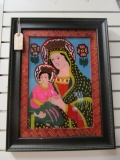 Madonna & Child Folk Painting on Glass w/wood matting