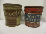Two Vintage 8lb. Shortening Cans-Scoco, Cudahy's White Ribbon