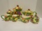 Fruit Pattern Canisters, Teapot, Creamer and Sugar Bowl and 2 Mugs