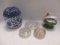 Blue and White Oriental Potpourri Flower Frog, Three Clear Flower Frogs, Vintage Swan Flower Frog