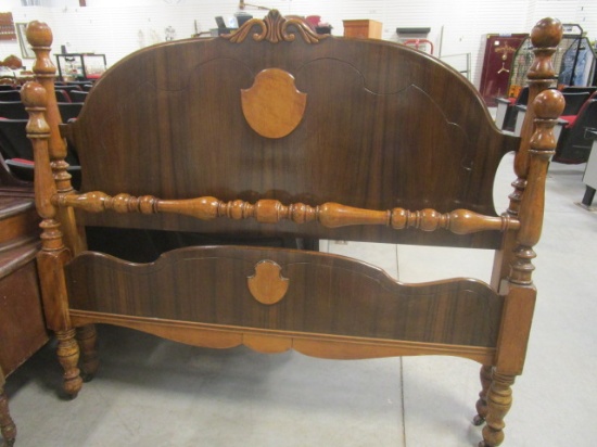 Full Size Antique Bed on Casters with Wood Rails