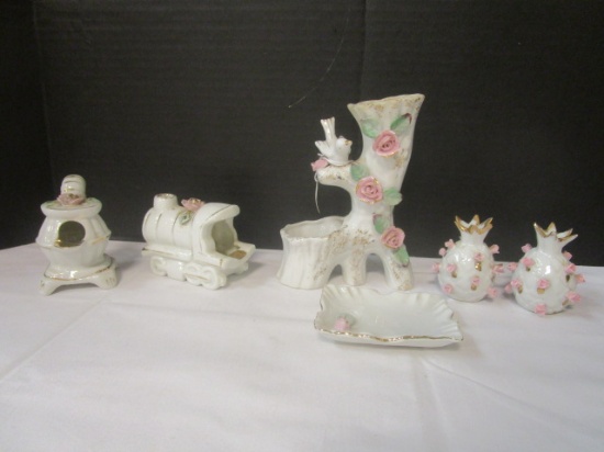 Vintage Salt and Pepper Shakers, Ashtrays and Vase with Roses