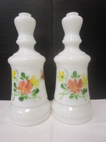 Pair of White Glass Hand Painted Lamp Bases