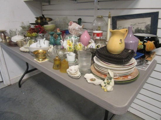 Contents on 6' Table Top - Dishes, Vases, Candlesticks, Grapes, Doll, Glasses, and Lots More!