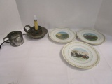 Three Danbury Mint Currier & Ives Plates, Tin Cup and Electric Candlestick Lamp