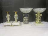 Pair of Figural Compotes with Marble Bases and Candlesticks with Marble Bases