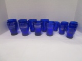 Six Cobalt Juice Glasses and Eight Water Glasses