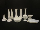 Milk Glass Vases, Candlesticks, Creamer, Planter and Candy Dish