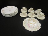 Six Warwick Demitasse Cups and Saucers, Round Butter Dish and Seven Rose Pattern Plates