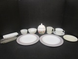 Pyrex Plates, Cup and Saucers; Fire King Mug and Custard Cups; Avon Jar