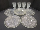 Five Pine Cone Pattern Plates with Four Matching Glasses