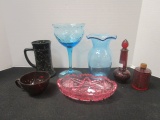 Blue Vases, Pink Oval Bowl, Black Glass Mug, Red Bowl, Avon Bottle, Candlestick Insert