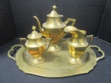 Brass Teapot, Creamer, Sugar Bowl and Tray