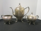 Silver on Copper Coffee Pot, Creamer and Sugar Bowl