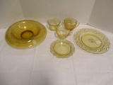 Yellow Depression Glass Plate, Saucer, Console Bowl, and Cups