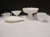 Milk Glass Compote, Sugar Bowls, White Lace Edge Candy Dish, and Shell Dish