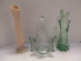 Art Glass Basket, Satin Glass Bud Vase and Green Glass Pulled Vase