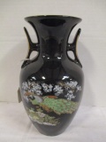 Two Handled Black Vase with Peacock Pattern