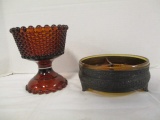 Amber Divided Dish in Metal Stand and Pedestal Candy Dish