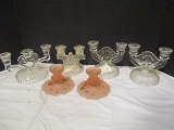 Iris and Herringbone Candelabras, Frosted Glass Candlesticks, and Two Glass Candelabras