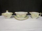 Meito China Hand Painted Sugar Bowl, Creamer and Gravy Bowl with Attached Plate