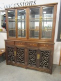 Two Piece Oriental China Cabinet with Beveled Glass Doors
