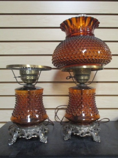 Pair of Gone With the Wind Style Lamps with Amber Hobnail Glass