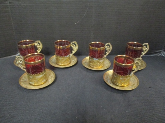 Set of Six Etched Cranberry Colored Glasses with Metal Holders and Trays