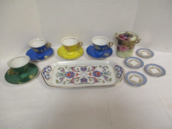 Antique Jam Jar Holder, Four British Zone Germany Butter Pats, Bavaria Porcelain Tray, and
